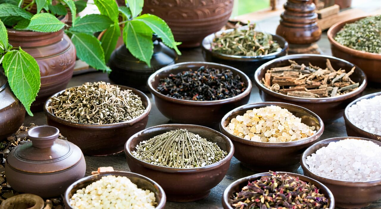 几种安神中成药的药材特写:酸枣仁、茯苓等,摆放在传统药桌上