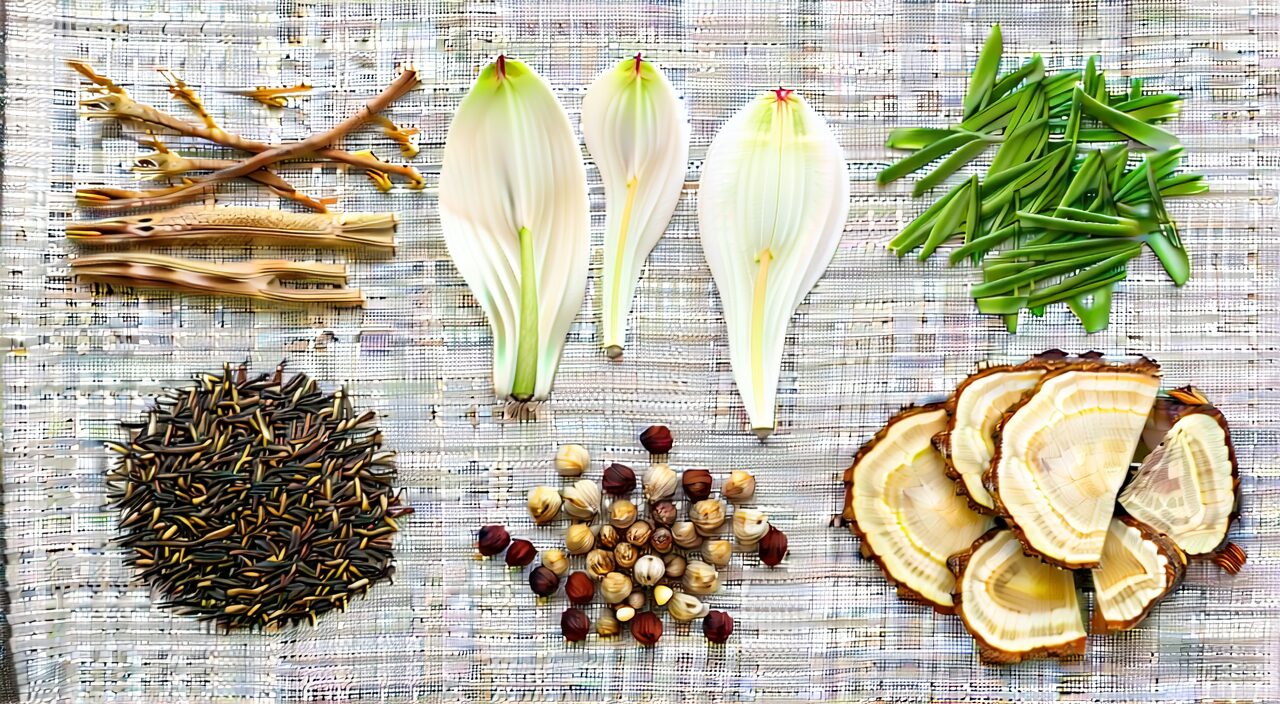 亚麻布上整齐摆放着黄芪、白术、茯苓、莲子、薏苡仁、山药片等中药材。