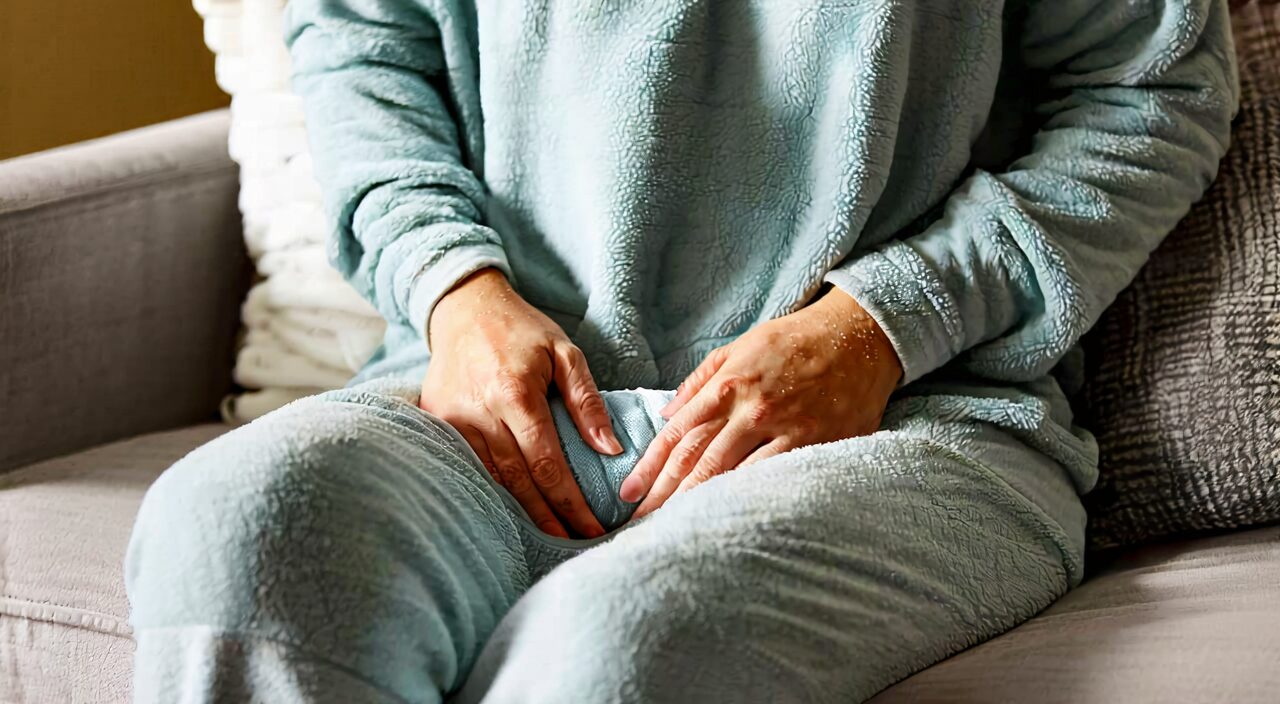 用手将热水袋捂在腹部以缓解怕冷
