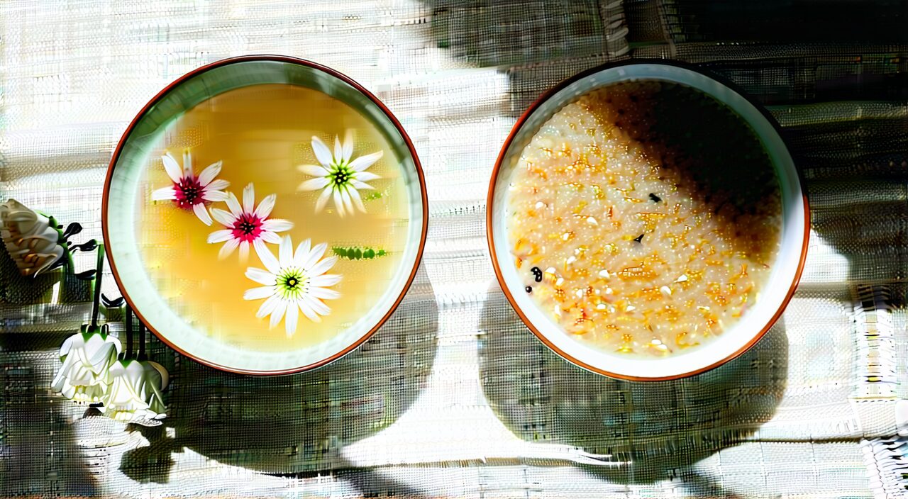 两块亚麻布上放着两碗清淡药膳,一碗菊花清汤,一碗薏仁茯苓粥,传达清热与化湿兼顾、柔和调理的意象。