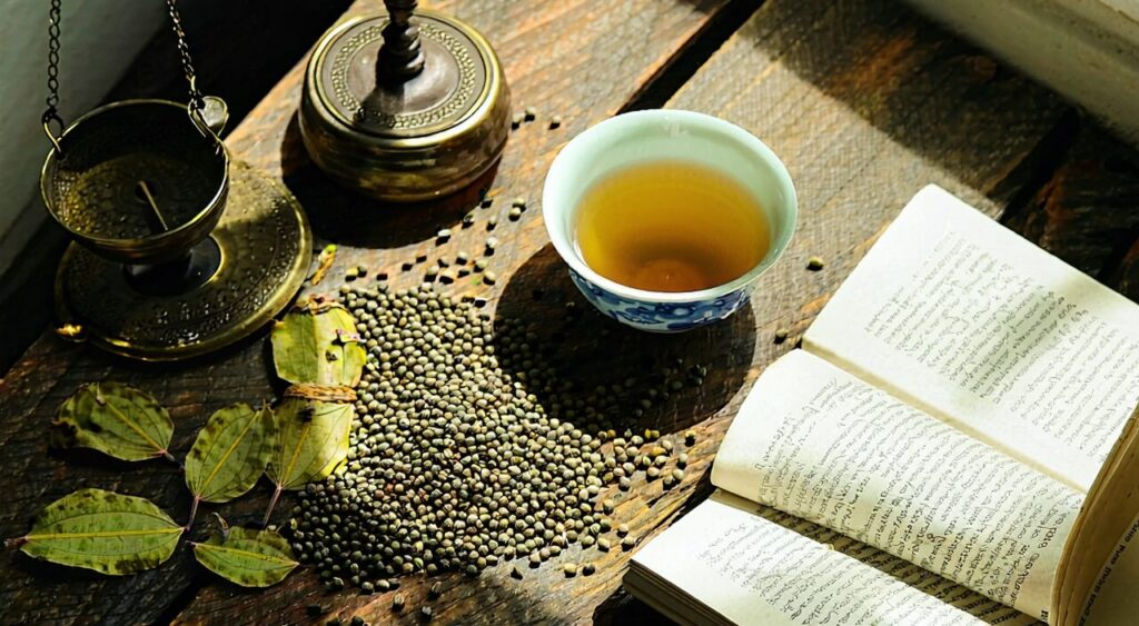 中医调理体重概念图:桌上摆着草药茶与几味传统本草材料