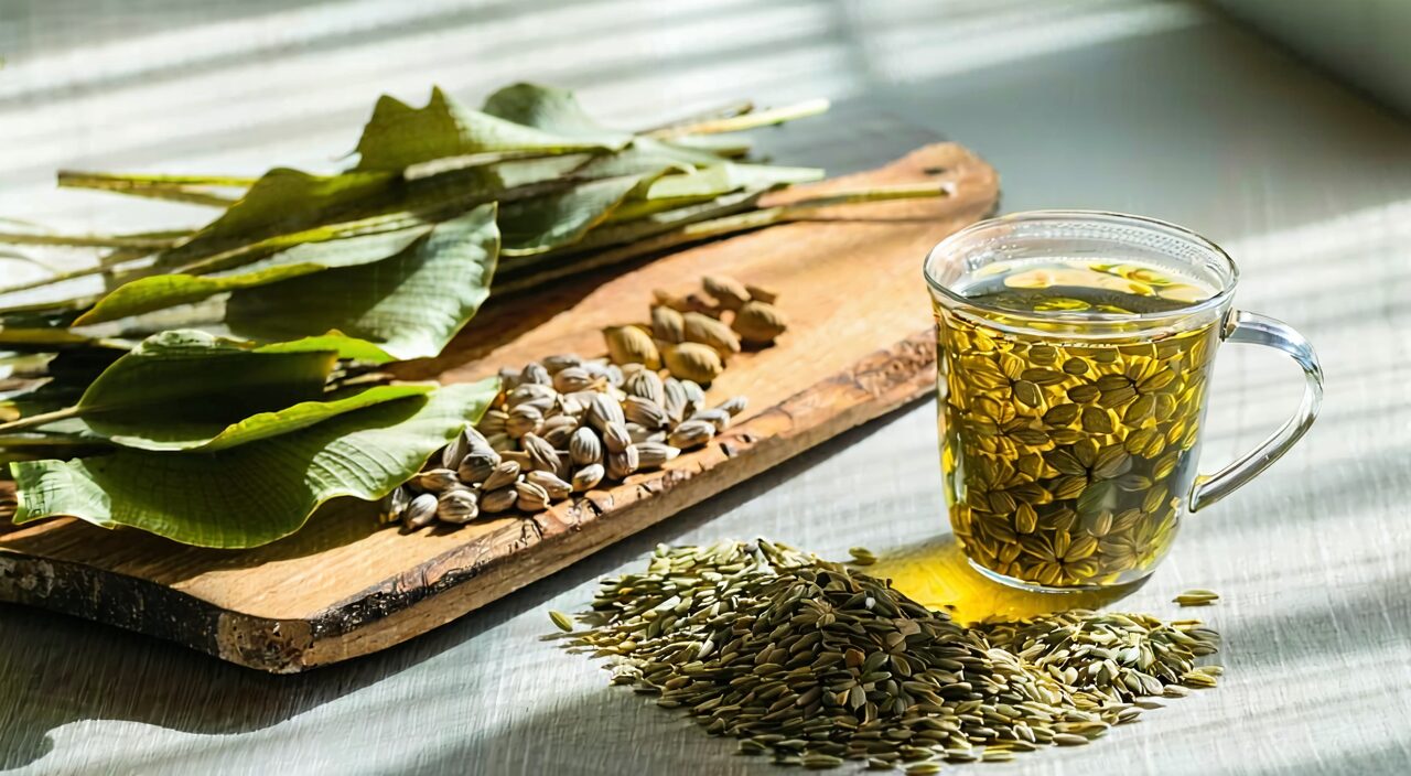 荷叶、决明子、薏苡仁等常见祛湿本草材料和一杯泡好的水