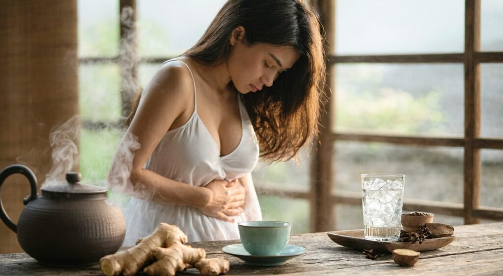 一位女士轻按上腹,面前热水与冰水并置,思考胃寒胃热