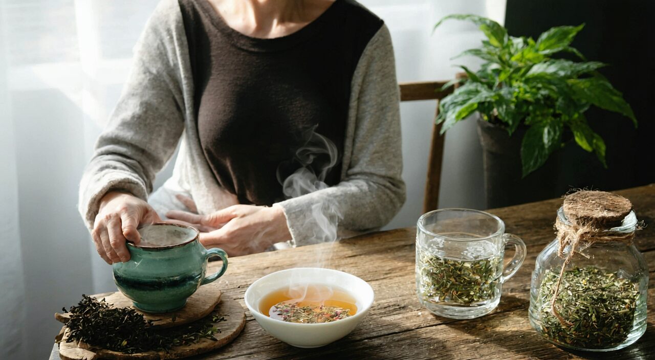 一人手捂胃部,面前放着热茶和冰水,表现胃寒胃热鉴别