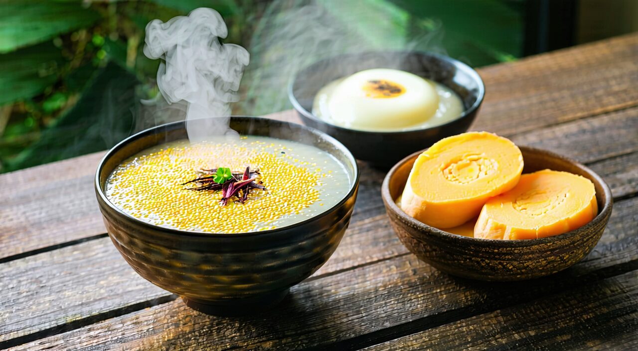 温热小米粥、蒸蛋羹和山药片的简单养护餐食