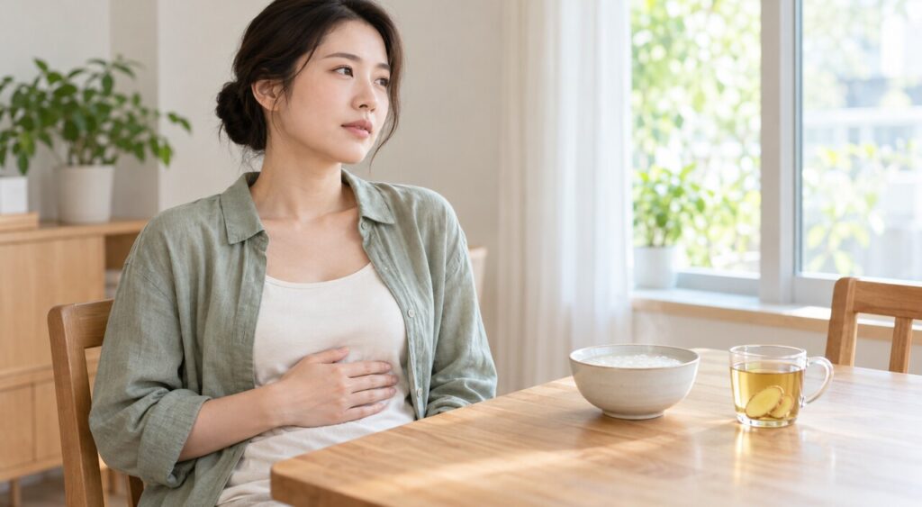 中医消化不良分型与自我观察主题图:窗边人静坐护胃,餐桌上有热粥与姜茶