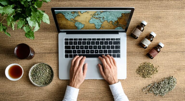 A person using a laptop to browse a traditional Chinese medicine website, with Chinese herbal supplements and a world map on the table, in a rational and calm atmosphere