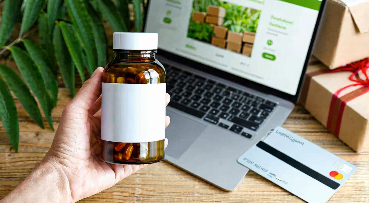 手持一瓶无文字标签的中药保健品,旁边显示着多语言网站界面和海外包裹,表现海外购买的便利性