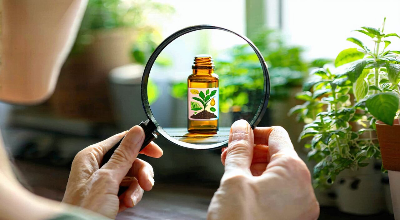 手持放大镜仔细查看中药产品标签上的图形细节,体现审查信息的严谨态度