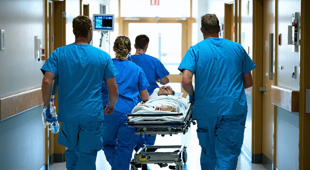医院急诊通道内医护人员紧急转运患者