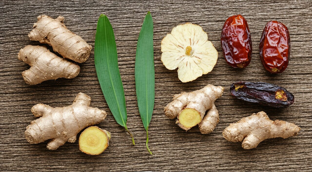 The main herbs of Ba Zhen Tang arranged neatly on a wooden cutting board