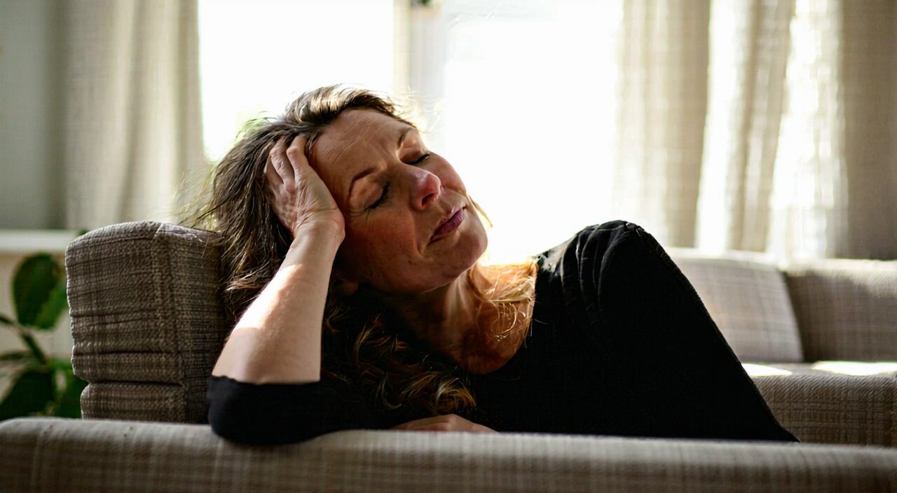 A woman resting with closed eyes in a quiet living room, showing mild fatigue