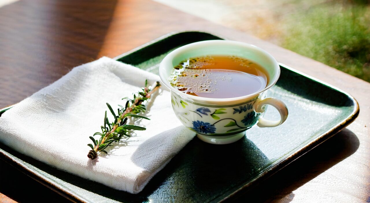 A cup of warm Ba Zhen Tang placed on an elegant tray, serving as the article's closing image