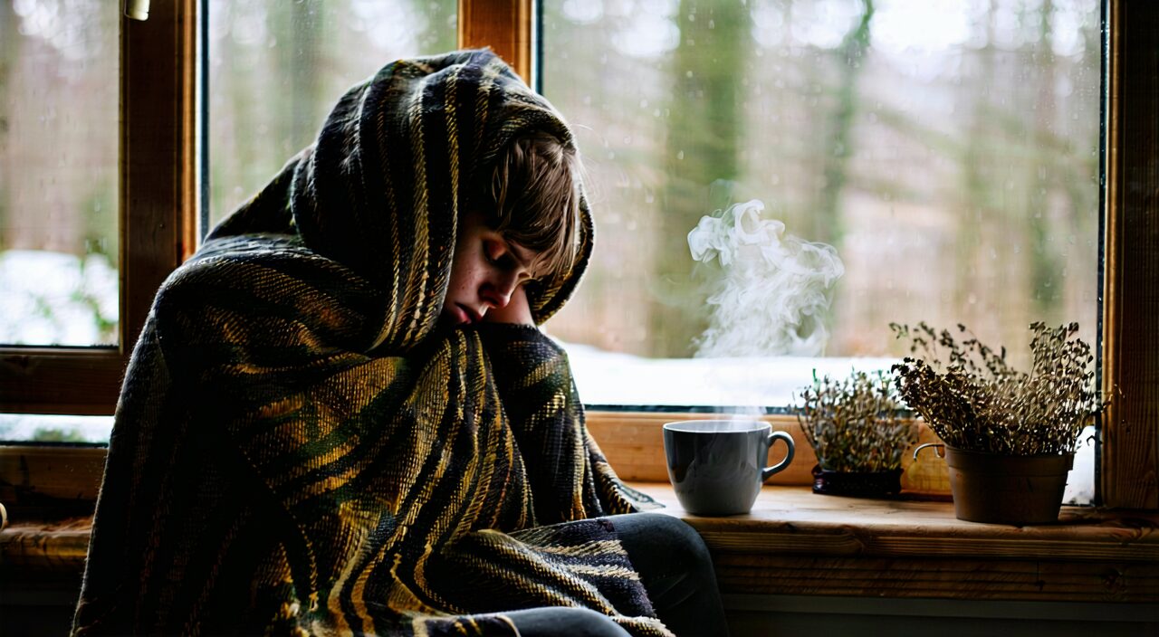 A tired-looking person wrapped in a blanket sitting by a window, with cold and damp weather outside, a hot drink at hand, illustrating the fatigue and aversion to cold of qi deficiency external contraction.