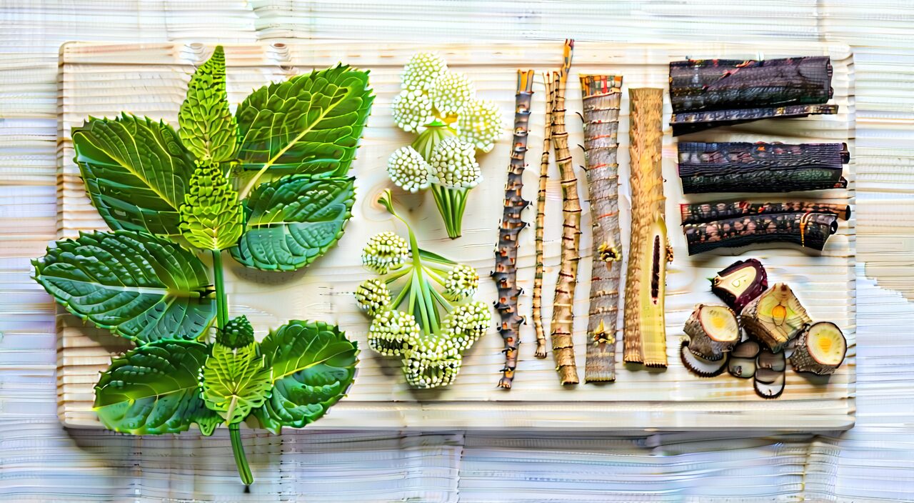 Top-down view of a collection of Chinese herbal ingredients, including Qianghuo, Duhuo, Renshen, Fuling, Gancao, Bohe, etc., with clear textures under natural light, showing the core herbs of Baidu San.