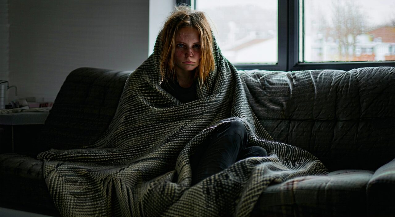 A person wrapped tightly in a thick blanket sitting on a sofa, looking exhausted and pale, exhibiting aversion to cold, absence of sweating, and heavy body sensation — a qi deficiency external contraction state.