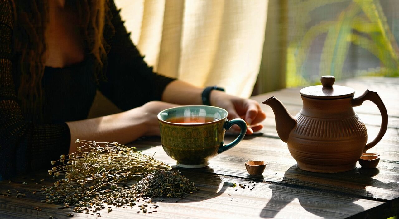 A peaceful morning scene, a person sitting at a wooden table drinking warm herbal tea, soft sunlight filtering through a sheer curtain, embodying the imagery of calm recuperation and restoration of vital qi.