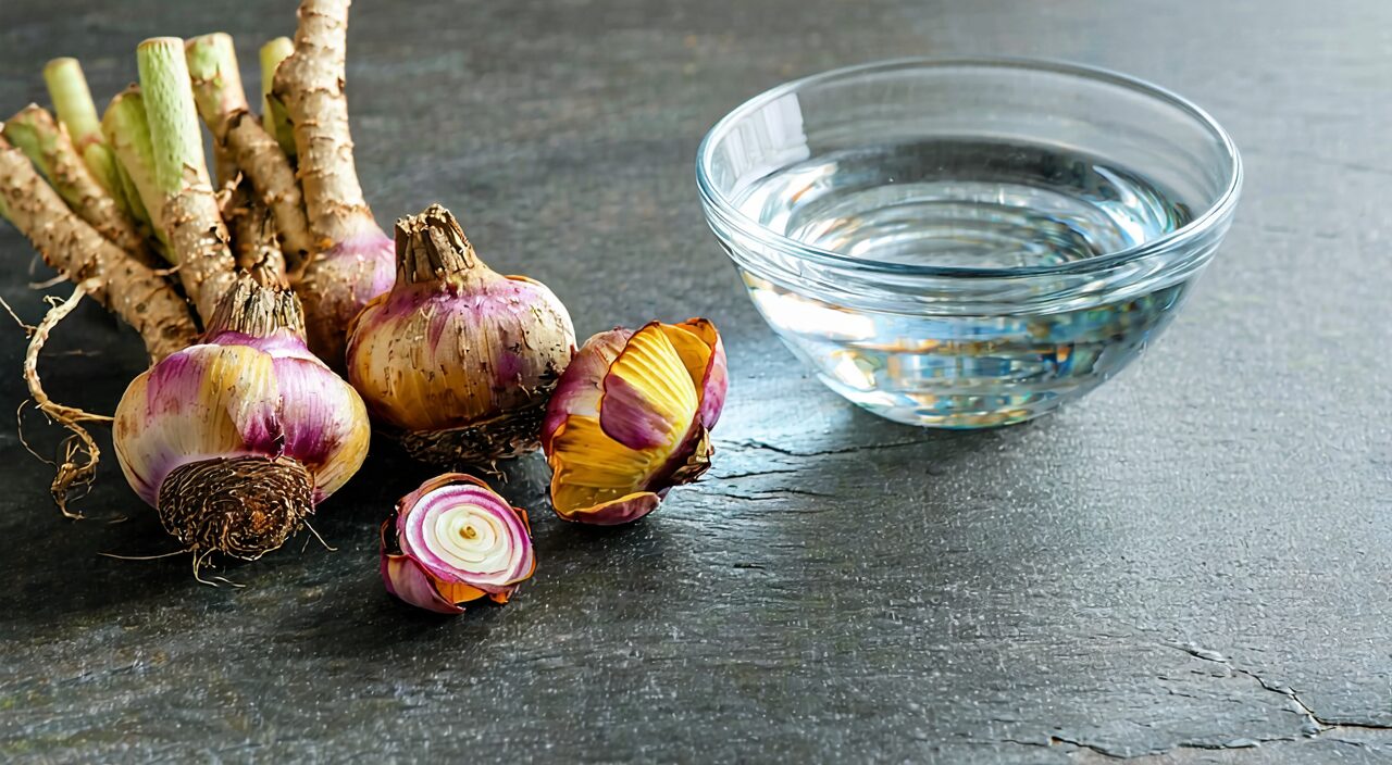 Close-up of Lily Bulb and Ophiopogon Tubers