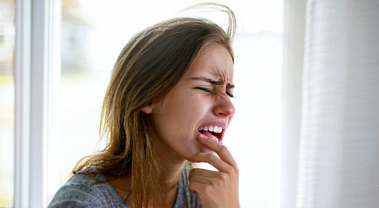 Woman gently touching her throat expressing throat dryness