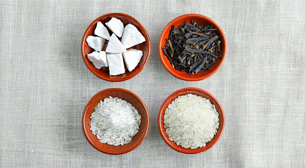 Four herbs of Bai Hu Tang placed in separate light-colored small bowls