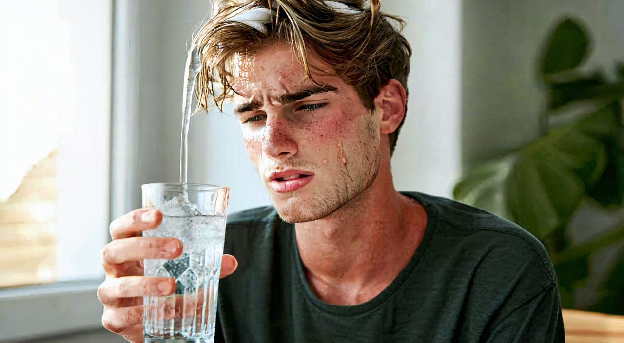 A young man with a distressed, thirsty expression wiping sweat, illustrating a state of high fever and heavy sweating