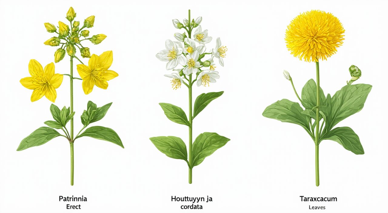 败酱草、鱼腥草和蒲公英的植株对比