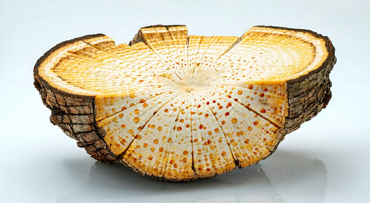 Close-up of Atractylodes cross-section, clearly showing brownish-yellow oil spots and chrysanthemum-heart radial pattern