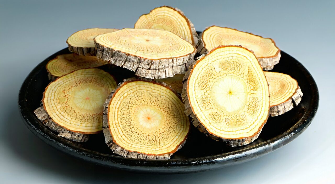 A plate of raw Atractylodes thick slices, with yellowish-white cut surface, grayish-yellow edges, and visible oil spots