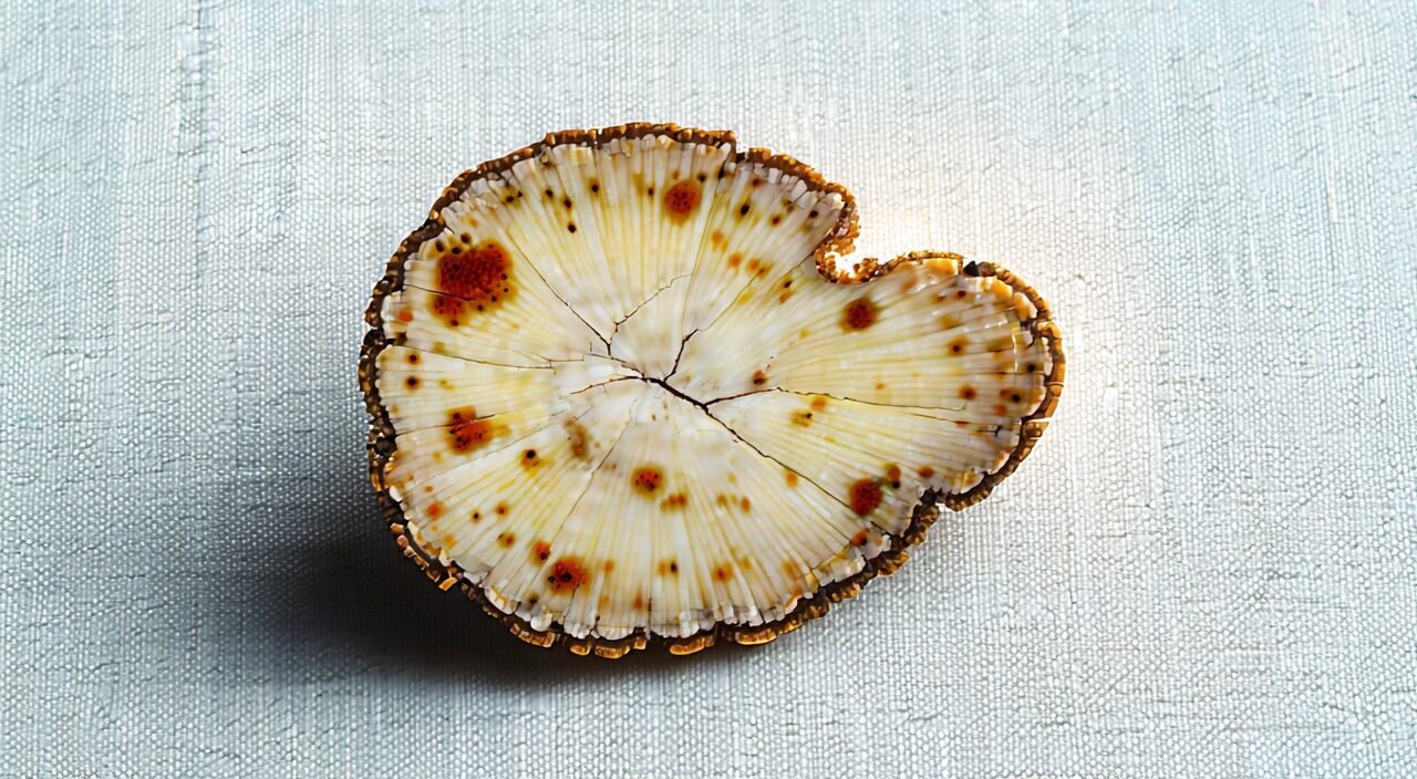 A slice of Atractylodes, with clear chrysanthemum-heart texture and brownish-yellow oil spots, helpful for distinguishing from Cang Zhu