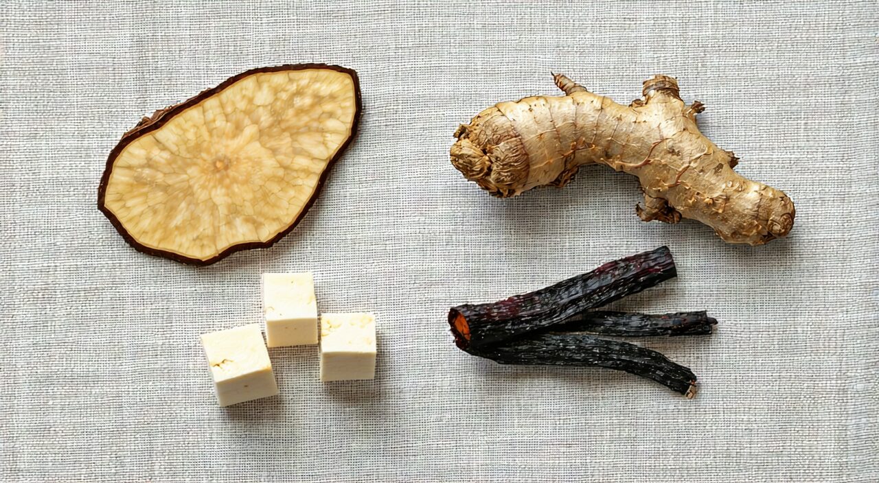 Herbs for Si Jun Zi Tang: ginseng, Atractylodes, Poria, licorice, laid on linen