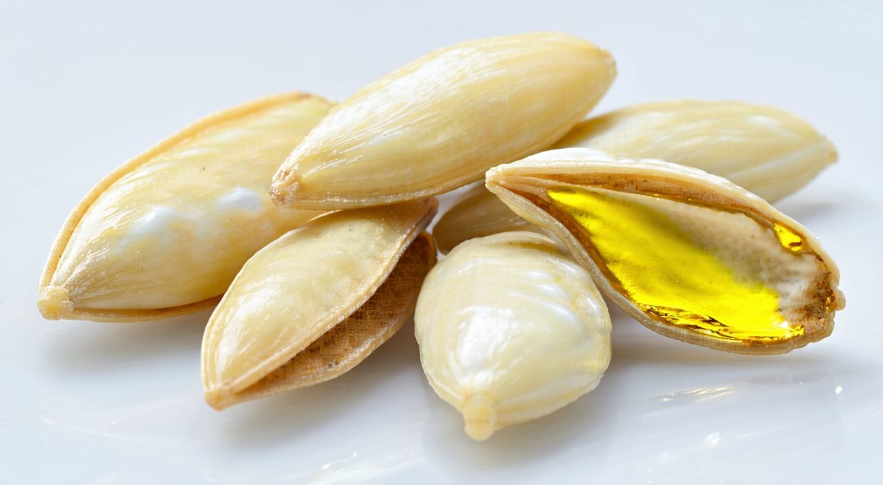 Close-up of Bai Zi Ren, showing long oval shape, yellowish-white color and oily cross-section
