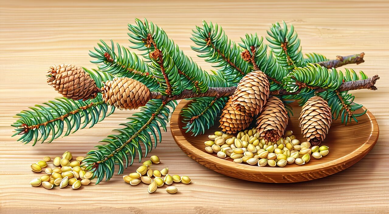 Chinese arborvitae plant and mature seeds, showing source of Bai Zi Ren's medicinal part