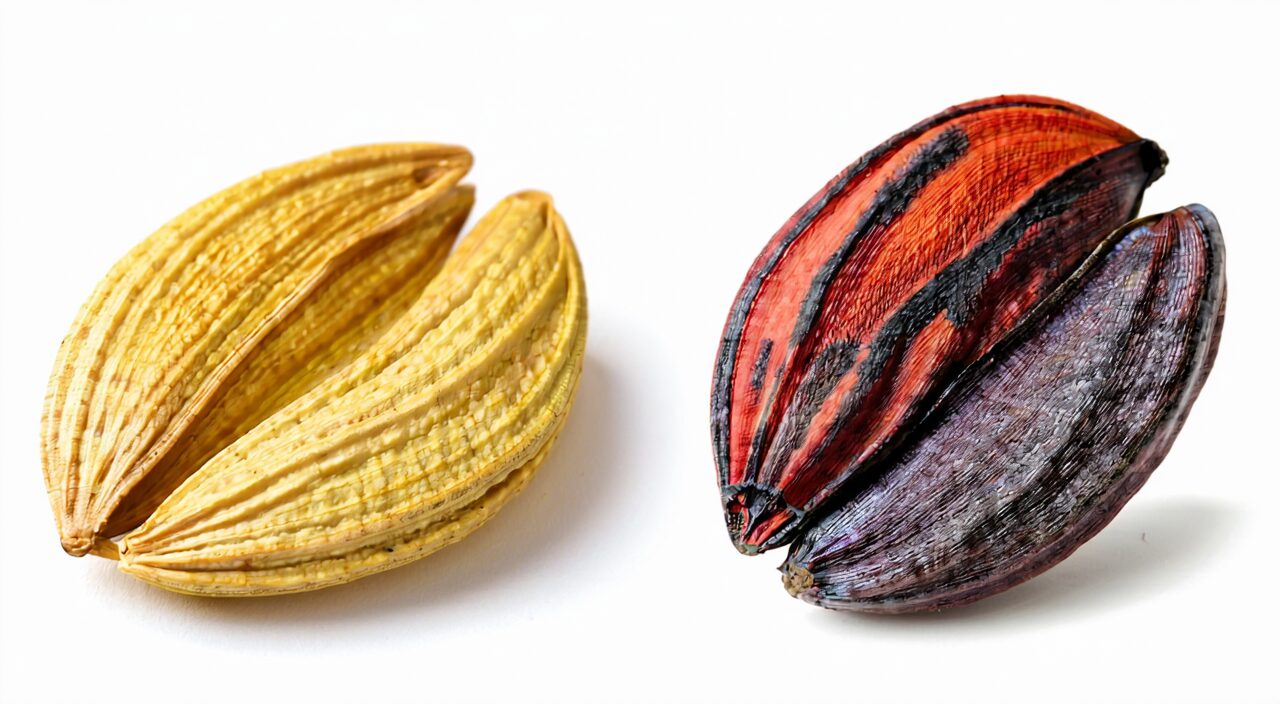 Comparison of Bai Zi Ren (left) and Suan Zao Ren (right), showing color and shape differences