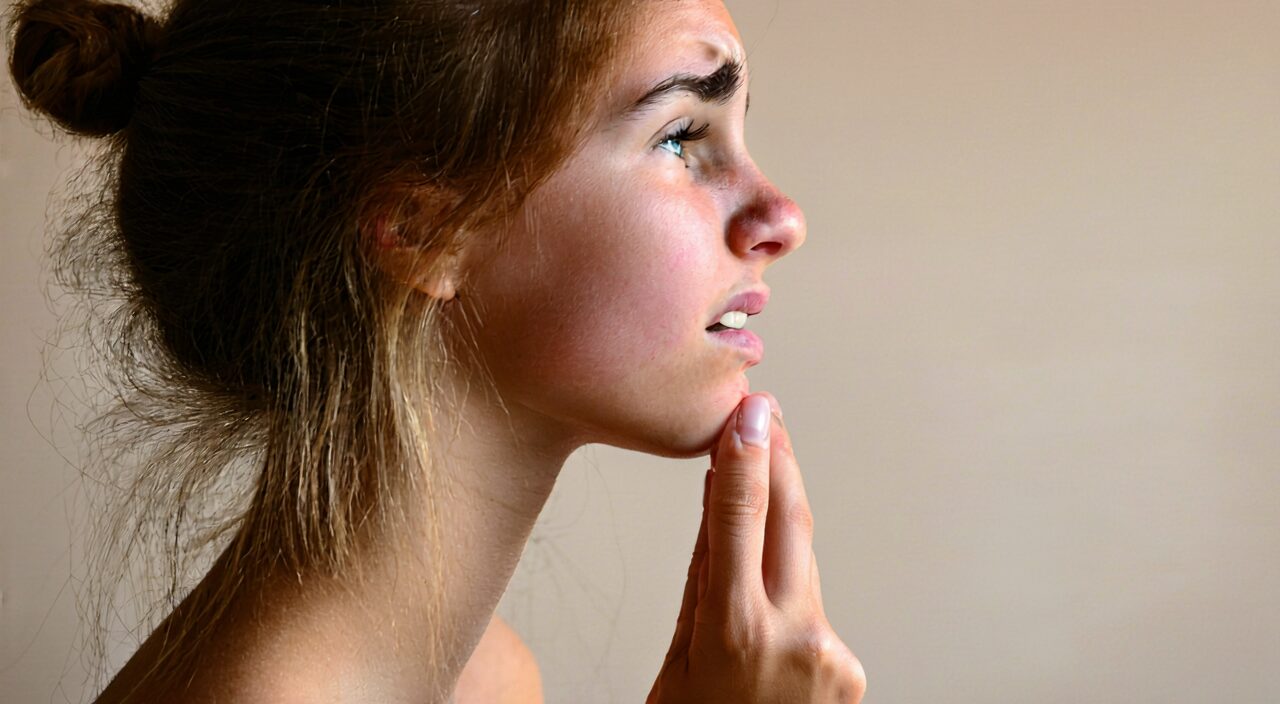 Woman gently touching her throat, expressing sensation of foreign body in the throat