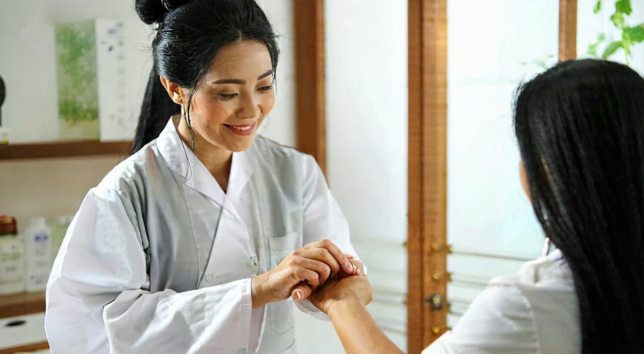 TCM practitioner taking a patient's pulse for constitutional assessment