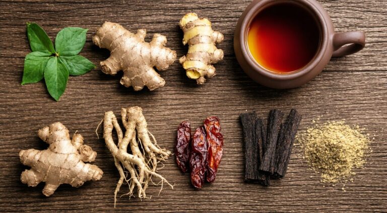 A top-down photograph of the seven herbs for Banxia Xiexin Decoction in natural light