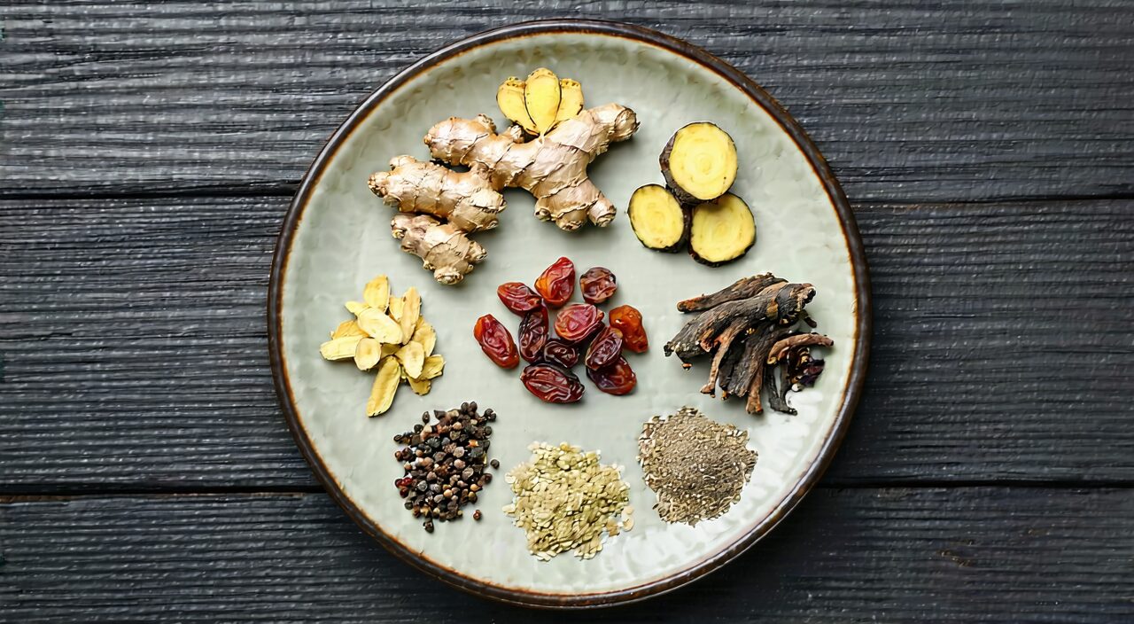 A combination image of seven herbs: Pinellia, Dried Ginger, Scutellaria, Coptis, Ginseng, Jujube, and Licorice