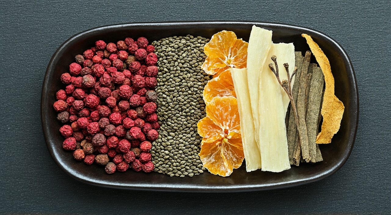Key herbs in Bao He Wan: Hawthorn, Medicated Leaven, Radish Seed, Tangerine Peel, Poria, Forsythia