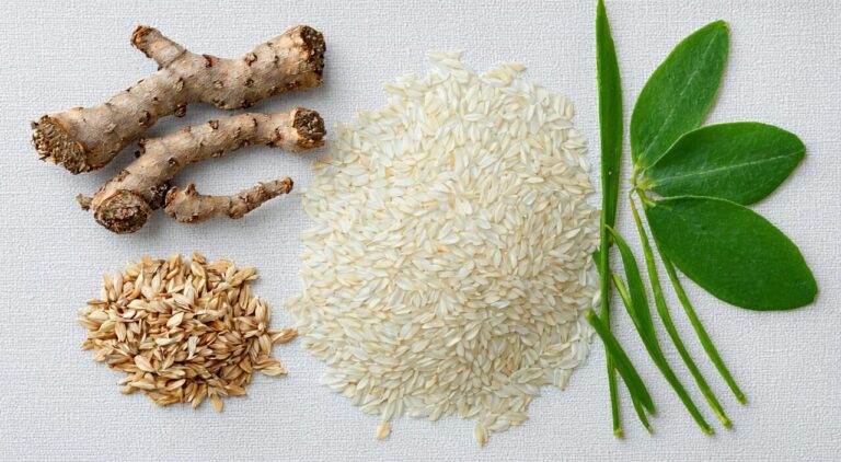 萆薢分清饮中的中药材在柔和光线下平铺摆放，包括萆薢、益智仁、乌药等，色调温暖宁静。