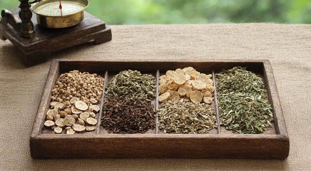 Close-up of Chinese herbs including Bi Xie, Yi Zhi Ren, Wu Yao in a wooden tray, with an antique brass scale beside them, in soft natural lighting.