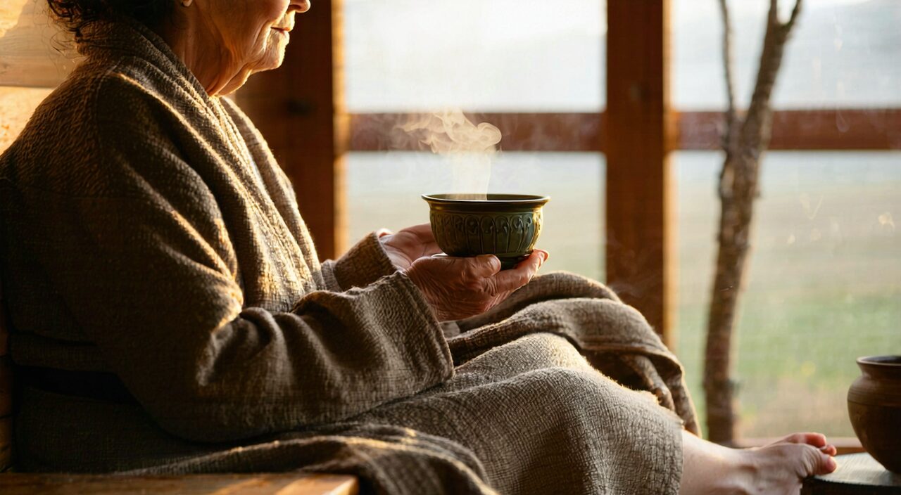 A middle-aged person sitting in a warm, quiet living room with a blanket over their knees, holding a hot cup of tea in both hands, conveying a warm and soothing atmosphere.
