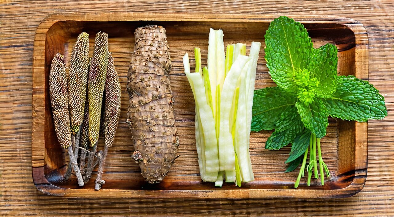 Close-up of the four herbs in Cang Er Zi San: Cang Er Zi, Xin Yi, Bai Zhi, Bo He