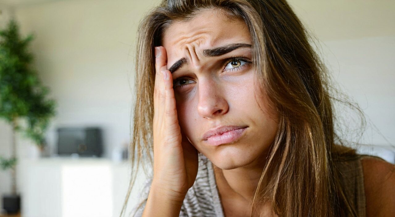 Woman gently rubbing nose bridge and forehead, expressing nasal congestion and head stuffiness