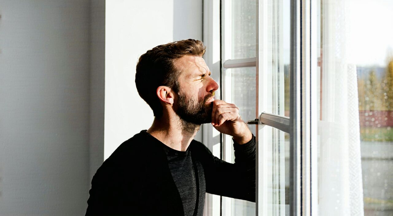 Man feeling nasal discomfort while sensing a breeze by the window