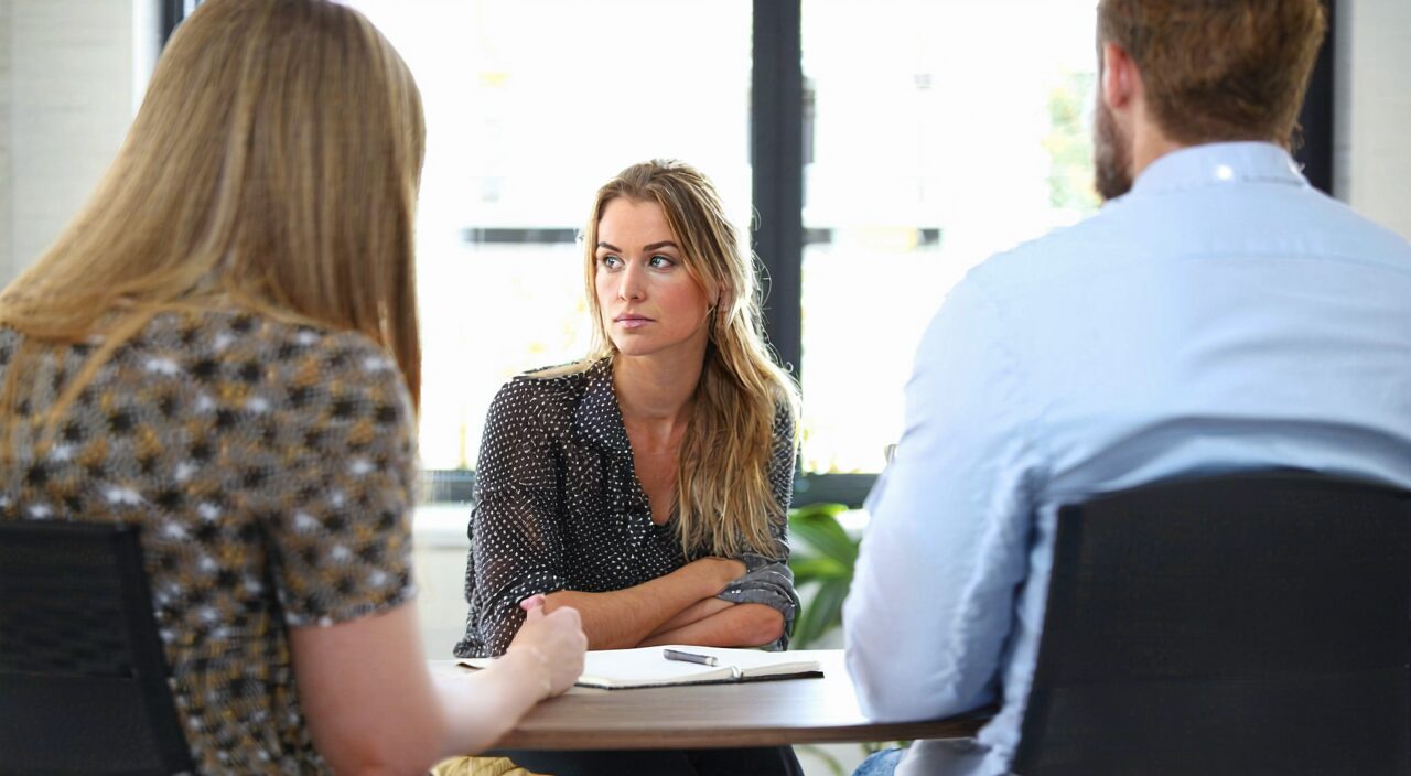 Woman consulting with a professional in a consultation room, reflecting cautious use of medication