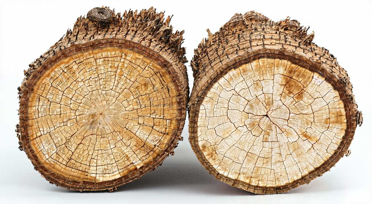 The cross-section of Bei Chai Hu is highly fibrous; Nan Chai Hu has a flatter cross-section with visible cracks.
