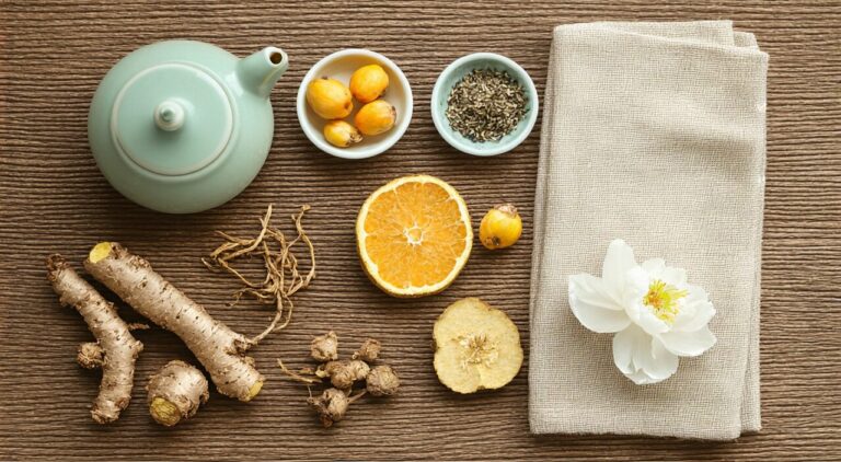 A natural still life of Chinese herbs including Bupleurum and White Peony Root, expressing the traditional Chinese medicine theme of soothing the liver and regulating qi