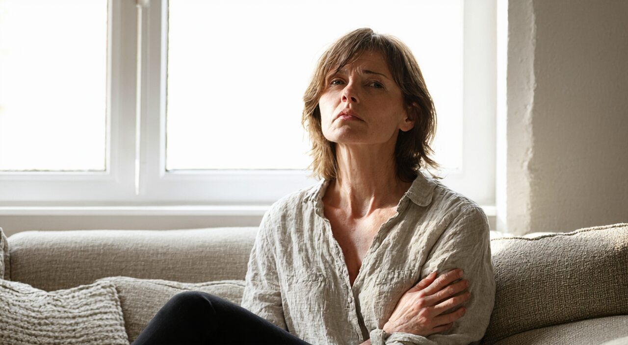 A woman gently touching her chest and flank, looking depressed, illustrating chest and flank distension and low mood that may occur with liver qi stagnation