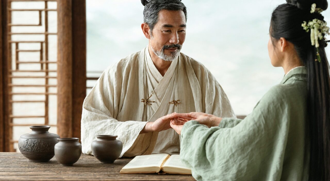 A TCM practitioner assessing a patient’s constitution through pulse diagnosis, reflecting a cautious attitude that one should not self-medicate