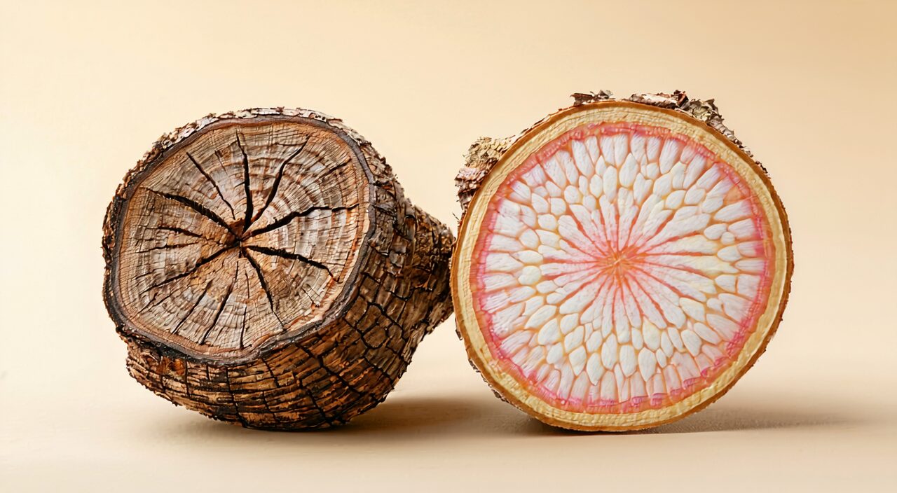 Close-up of red peony root cross-section, showing a pinkish-white surface and chrysanthemum-heart radial patterns